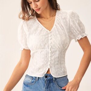 Rihoas White Floral Puffed Sleeve Blouse